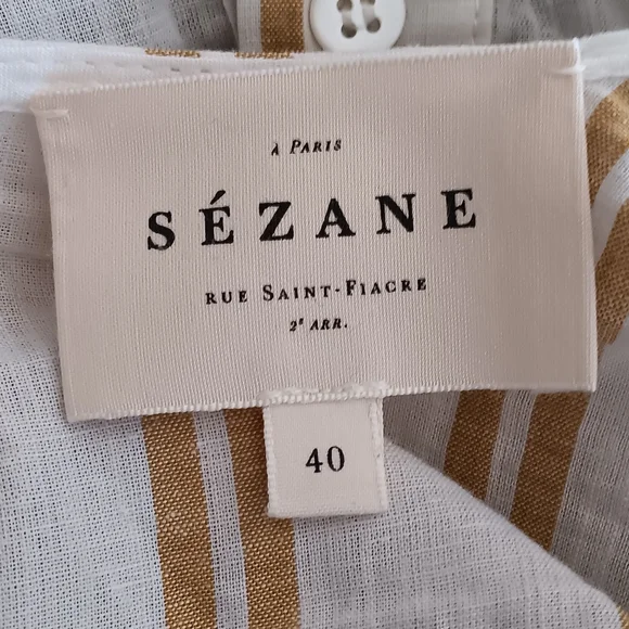 Sézane Rio Ecru Ocher Stripe Tie Shoulder Linen Blend Top 40/8 - Picture 8 of 9